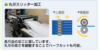 丸刃スリッター加工
長尺品の加工に適しています。
丸刃の高さを調整することでハーフカットも可能。